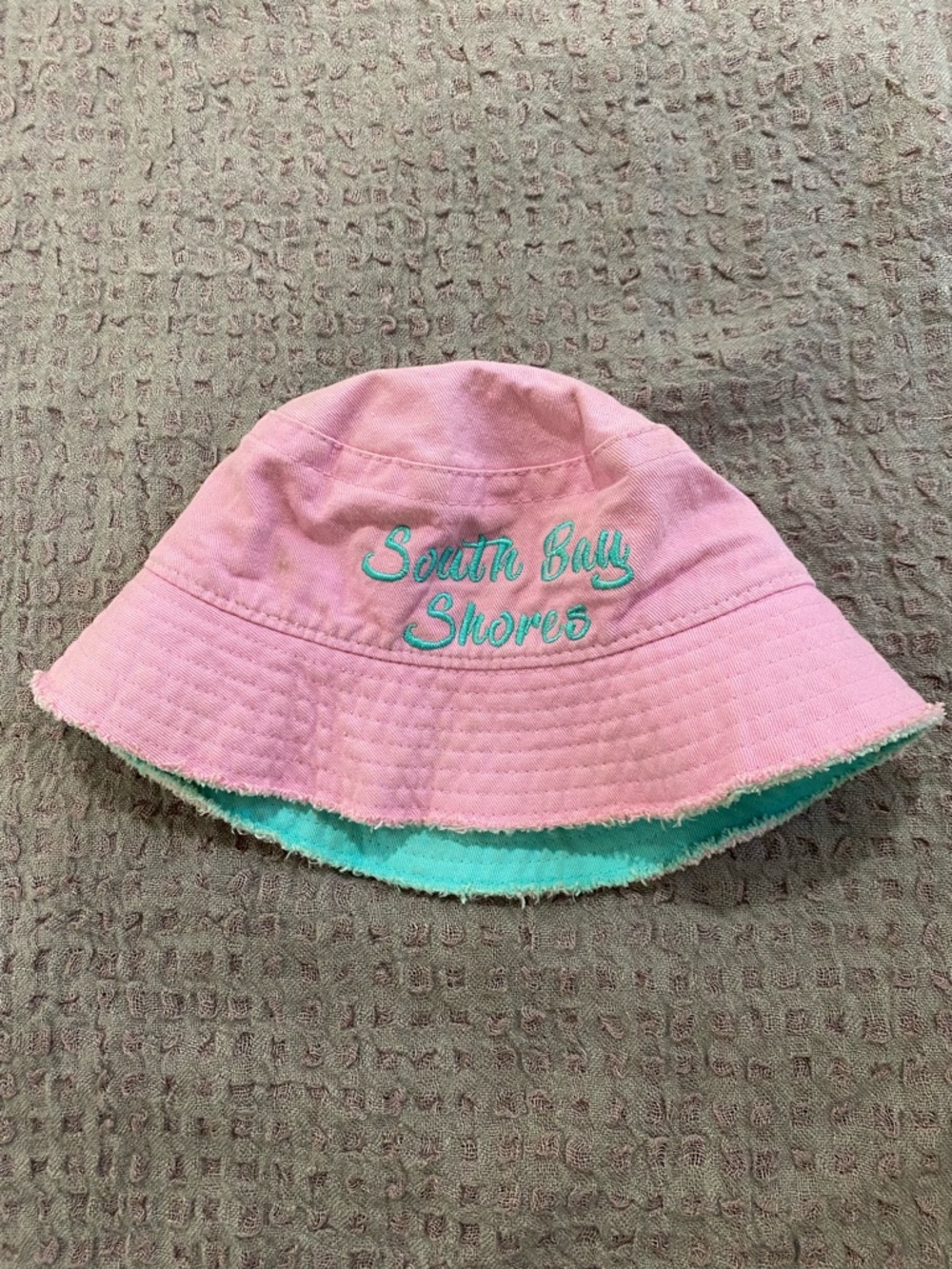 Pink Bucket Hat with Teal Embroidered 'South Bay Shores'